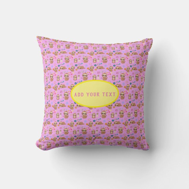 Funny Sloth Pink Pattern Hearts | Add Your Text Cushion (Front)