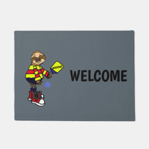 Funny Sloth Playing Pickleball Cartoon Doormat