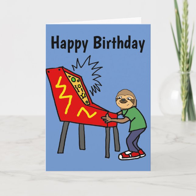 Funny Sloth Playing Pinball Cartoon Card (Front)