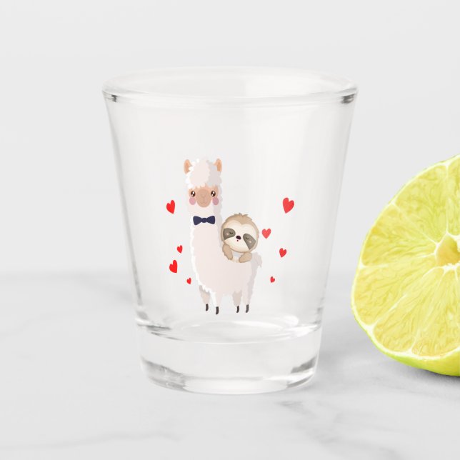 Funny Sloth Riding Llama Shirt funny Alpaca Hearts Shot Glass (Front)