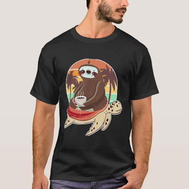 Funny Sloth Riding Turtle Drinking Its T-Shirt (Front)