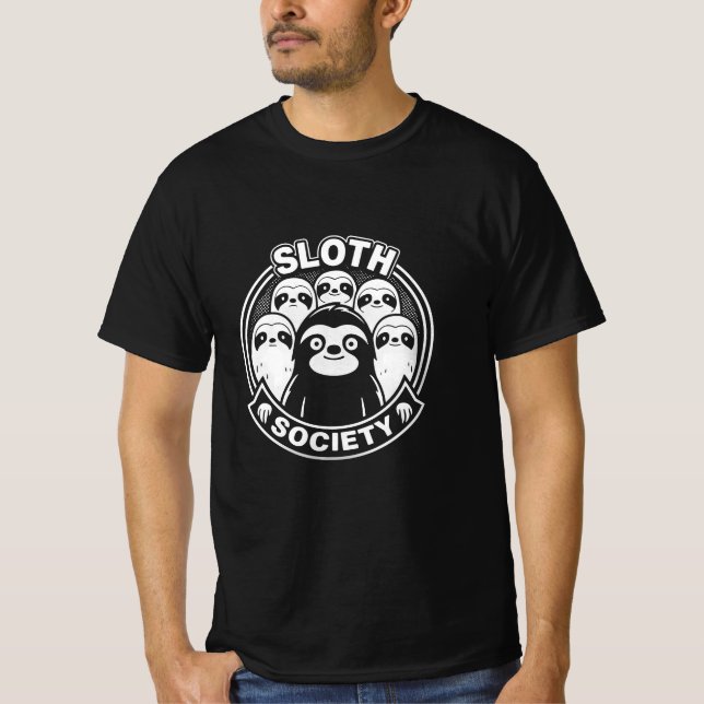Funny "Sloth Society" Black and White Minimalist D T-Shirt (Front)