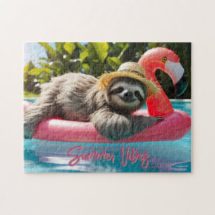 Funny Sloth "Summer Vibes" Relaxing on a Raft Jigsaw Puzzle