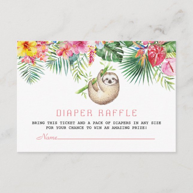Funny Sloth Tropical Flowers Frame Diaper Raffle Enclosure Card (Front)