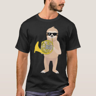 Funny Sloth Wearing Sunglasses Playing French Horn T-Shirt