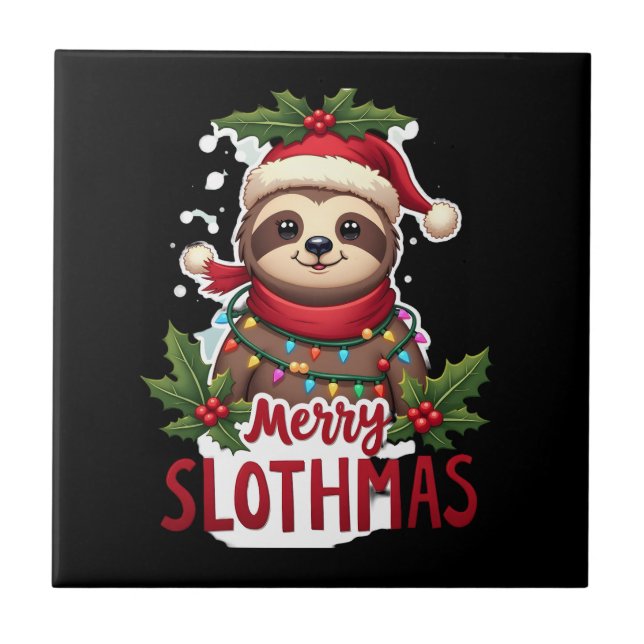 Funny Sloth Xmas Lights Merry Slothmas Sloth Chris Ceramic Tile (Front)