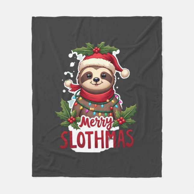 Funny Sloth Xmas Lights Merry Slothmas Sloth Chris Fleece Blanket (Front)