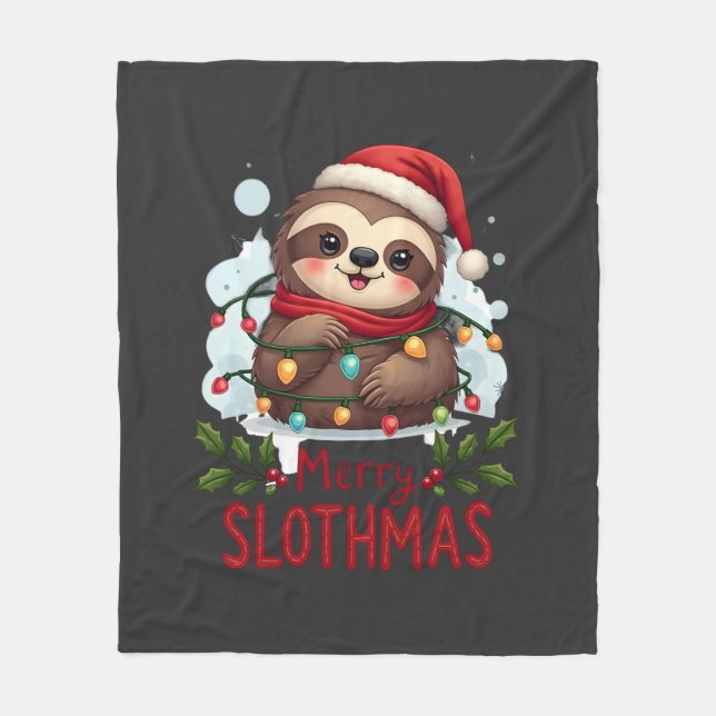 Funny Sloth Xmas Lights Merry Slothmas Sloth Chris Fleece Blanket (Front)