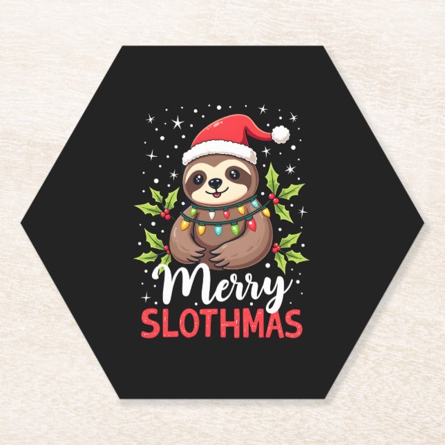 Funny Sloth Xmas Lights Merry Slothmas Sloth Chris Paper Coaster (Front)