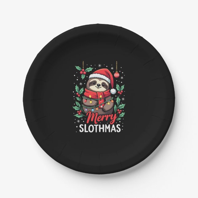 Funny Sloth Xmas Lights Merry Slothmas Sloth Chris Paper Plate (Front)