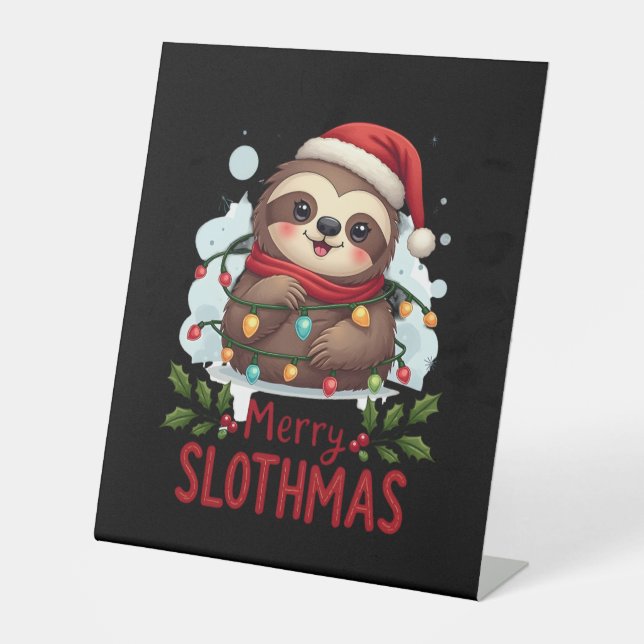 Funny Sloth Xmas Lights Merry Slothmas Sloth Chris Pedestal Sign (Front)