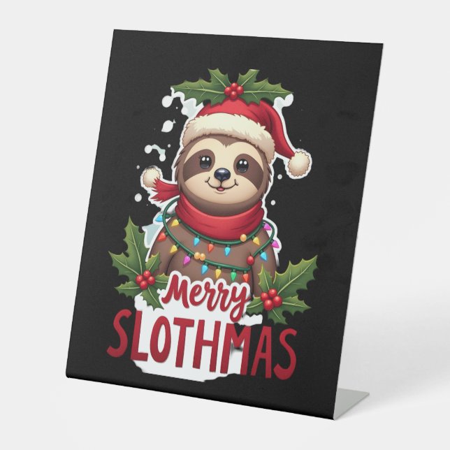 Funny Sloth Xmas Lights Merry Slothmas Sloth Chris Pedestal Sign (Front)