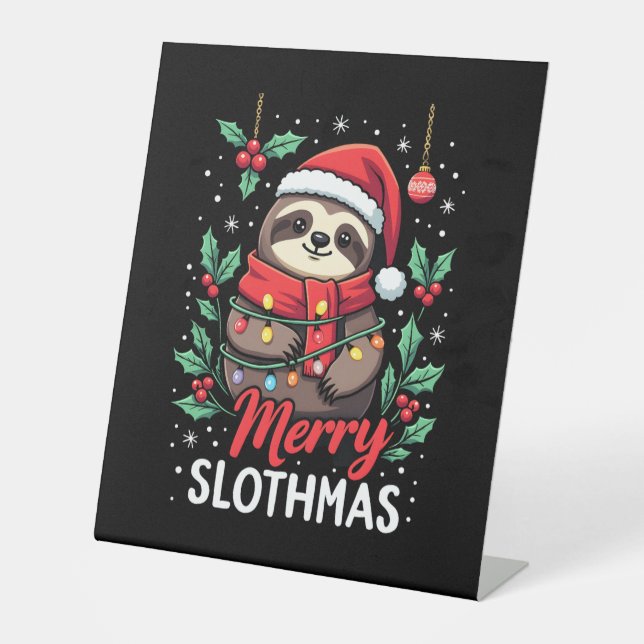 Funny Sloth Xmas Lights Merry Slothmas Sloth Chris Pedestal Sign (Front)