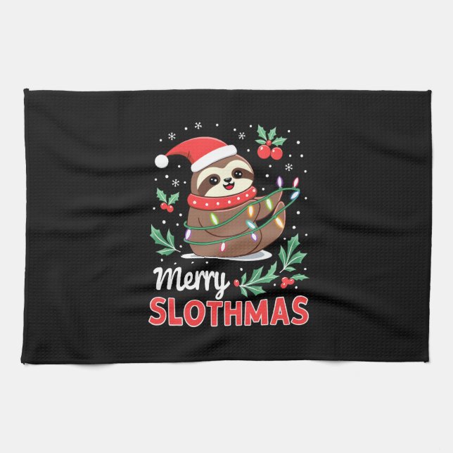Funny Sloth Xmas Lights Merry Slothmas Sloth Chris Tea Towel (Horizontal)