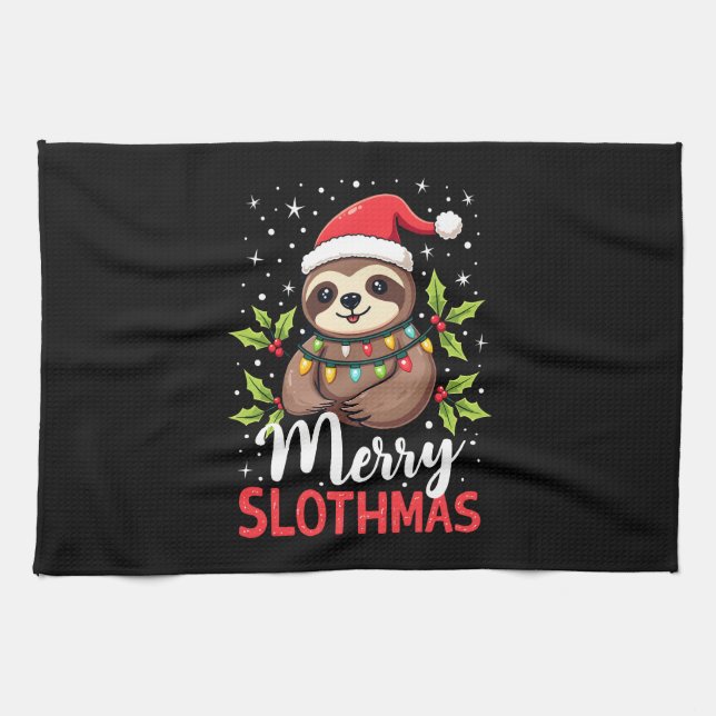 Funny Sloth Xmas Lights Merry Slothmas Sloth Chris Tea Towel (Horizontal)