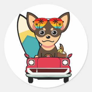 Funny Small Dog is driving to the beach Classic Round Sticker