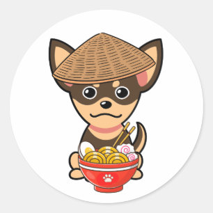 Funny small dog is eating noodles classic round sticker