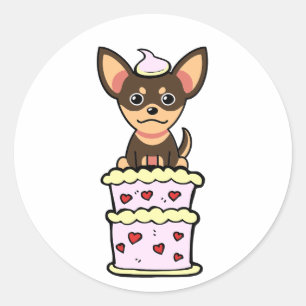 Funny small dog jumping out of a cake classic round sticker