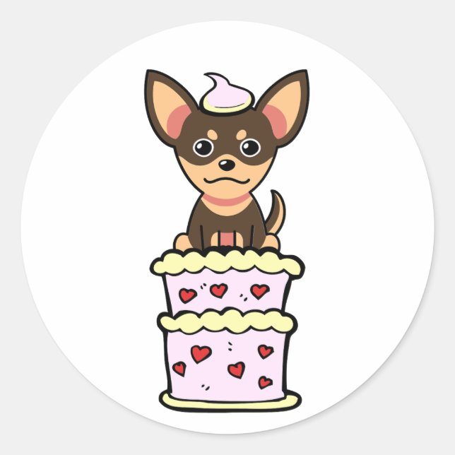 Funny small dog jumping out of a cake classic round sticker (Front)
