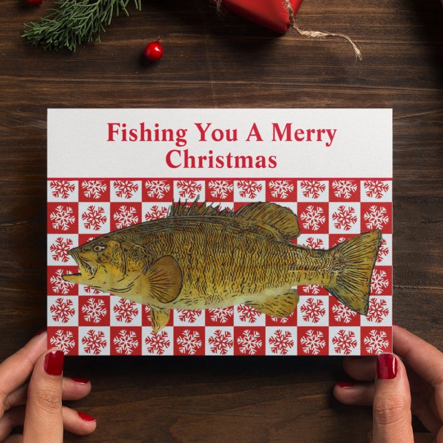 Funny Smallmouth Bass Fishing Pun Christmas Custom Holiday Card (Smallmouth bass custom funny fishing pun Christmas Card.)
