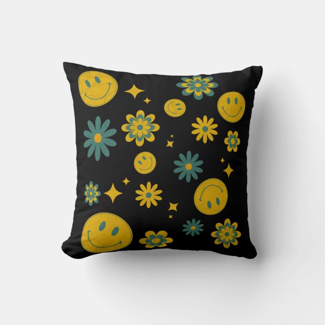 funny smile face and groovy flowers cushion (Front)