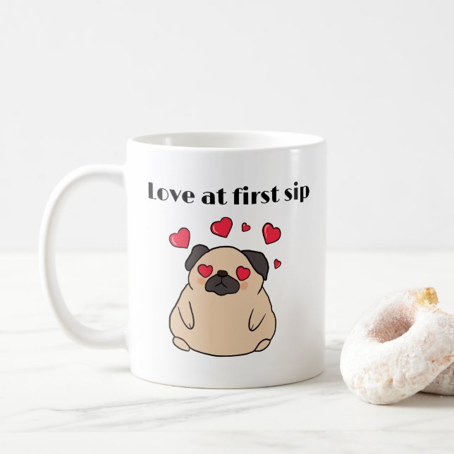 Funny Smitten Pug Dog Love At First Sip Coffee Mug (With Donut)