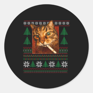 Funny Smoking Cat Meme Christmas Ugly Classic Round Sticker