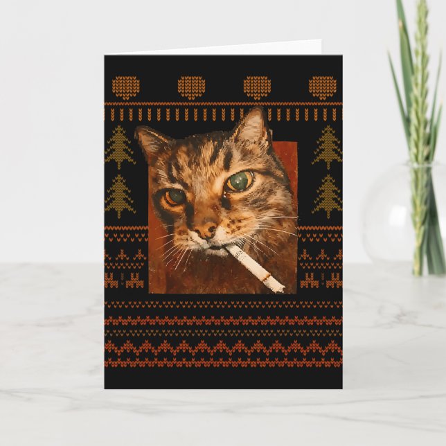 Funny Smoking Cat Meme Christmas Ugly For Men Wome Card (Front)