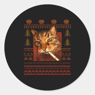Funny Smoking Cat Meme Christmas Ugly For Men Wome Classic Round Sticker