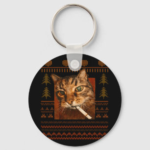 Funny Smoking Cat Meme Christmas Ugly For Men Wome Key Ring