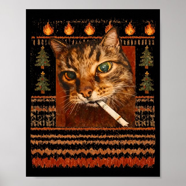 Funny Smoking Cat Meme Christmas Ugly  Poster (Front)