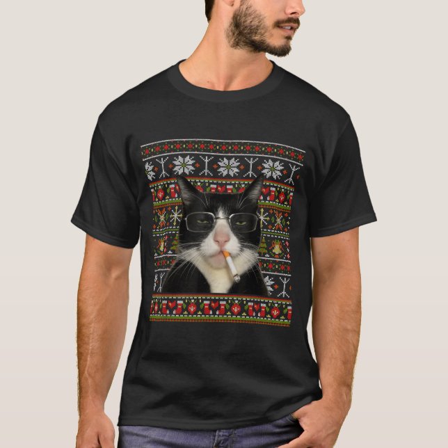 Funny Smoking Cat Meme Christmas Ugly Sweater Cat  (Front)