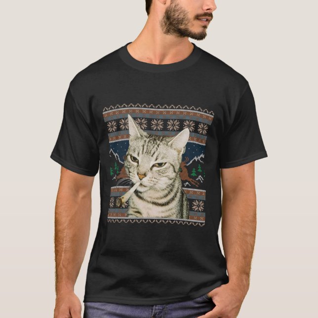 Funny Smoking Cat Meme Christmas Ugly Sweater Cat  (Front)