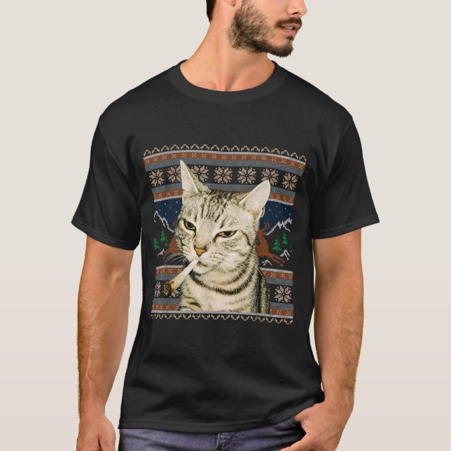 Funny Smoking Cat Meme Christmas Ugly Sweater Cat  (Front)