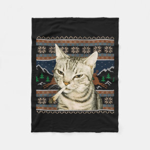 Funny Smoking Cat Meme Christmas Ugly Sweater Cat  Fleece Blanket