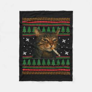 Funny Smoking Cat Meme Christmas Ugly Sweater Cat Fleece Blanket