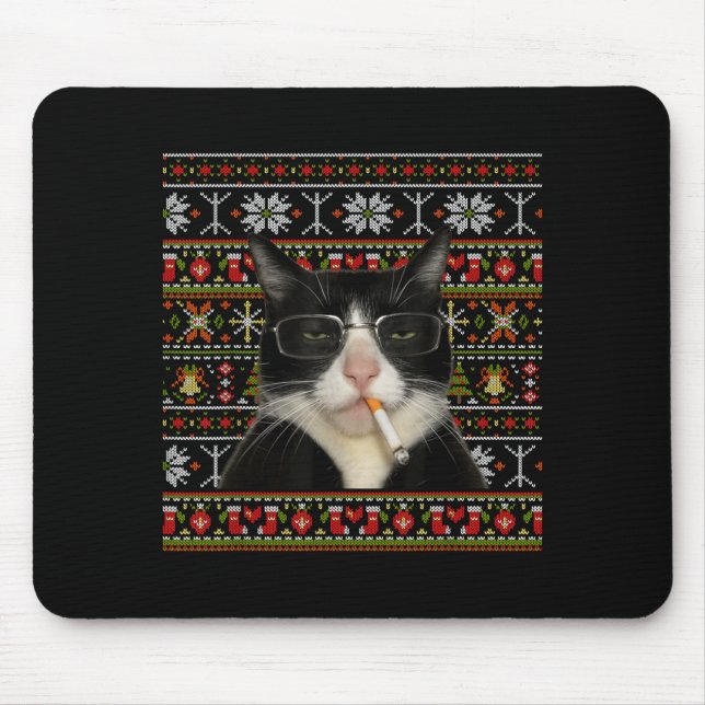 Funny Smoking Cat Meme Christmas Ugly Sweater Cat  Mouse Pad (Front)