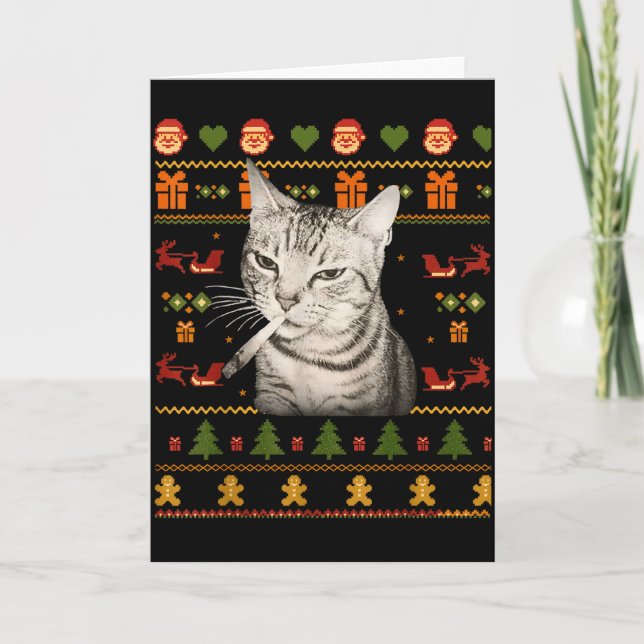 Funny Smoking Cat Meme Christmas Ugly Sweaters For Card (Front)