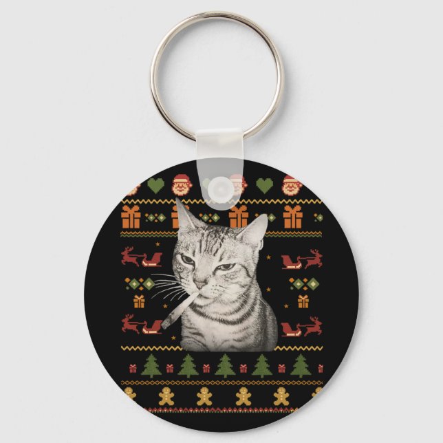 Funny Smoking Cat Meme Christmas Ugly Sweaters For Key Ring (Front)