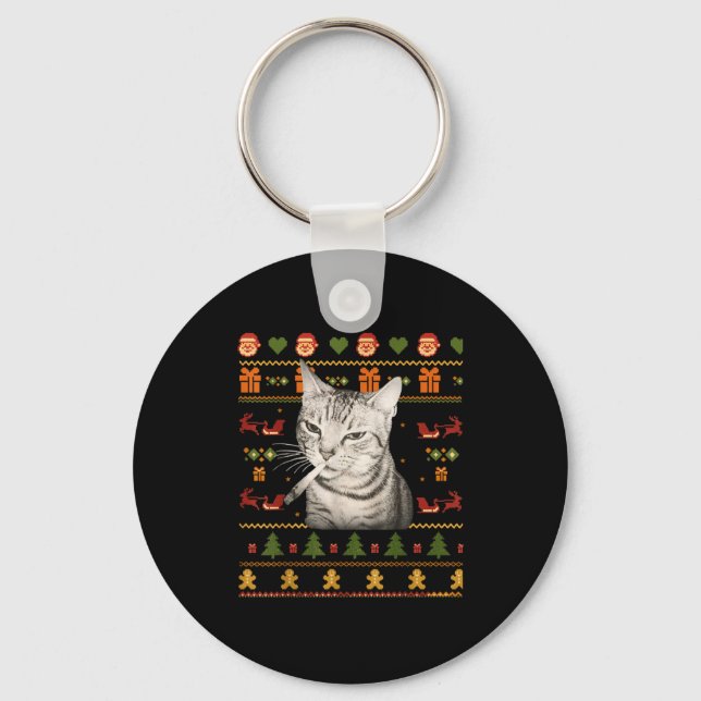 Funny Smoking Cat Meme Christmas Ugly Sweaters For Key Ring (Front)