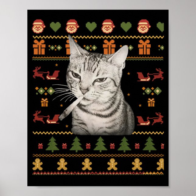 Funny Smoking Cat Meme Christmas Ugly Sweaters For Poster (Front)
