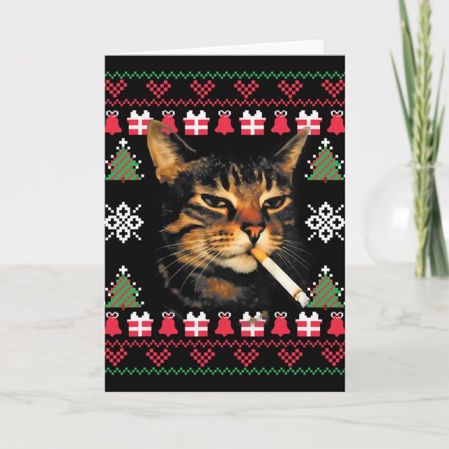 Funny Smoking Cat Meme Ugly Christmas Sweater For  Card (Front)