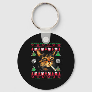 Funny Smoking Cat Meme Ugly Christmas Sweater For Key Ring