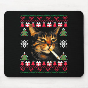 Funny Smoking Cat Meme Ugly Christmas Sweater For Mouse Pad