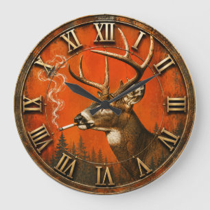 Funny Smoking Deer Rustic Hunting Cabin  Large Clock