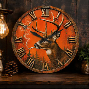 Funny Smoking Deer Rustic Hunting Cabin Large Clock