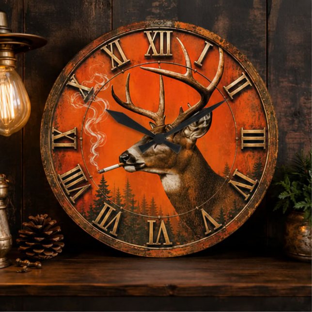 Funny Smoking Deer Rustic Hunting Cabin  Large Clock (Creator Uploaded)