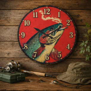Funny Smoking Fish Fisherman Large Clock