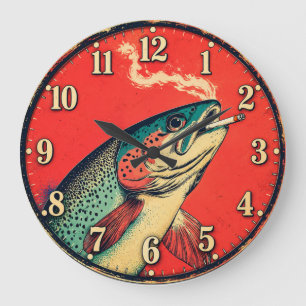 Funny Smoking Fish Fisherman Large Clock