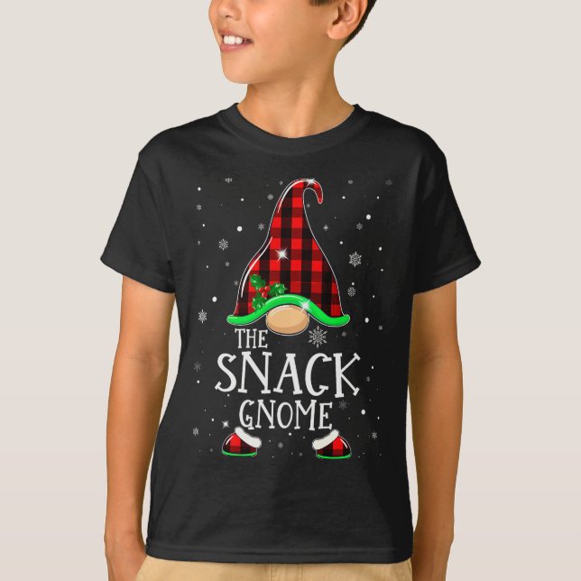 Funny Snack Gnome Buffalo Plaid Matching Christmas T-Shirt (Front)